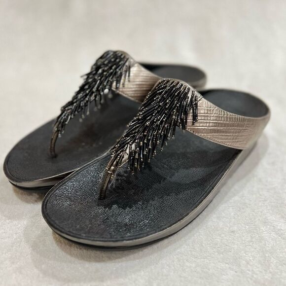 FitFlop Rumba Cha Cha Beaded Fringed Metallic Sandals Size 10 - Picture 6 of 16